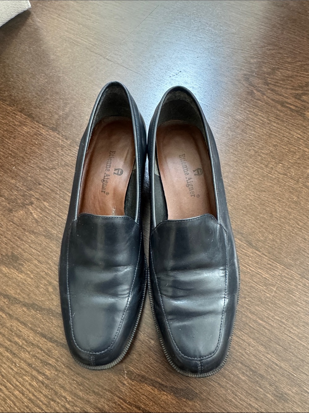 Navy leather heeled loafers